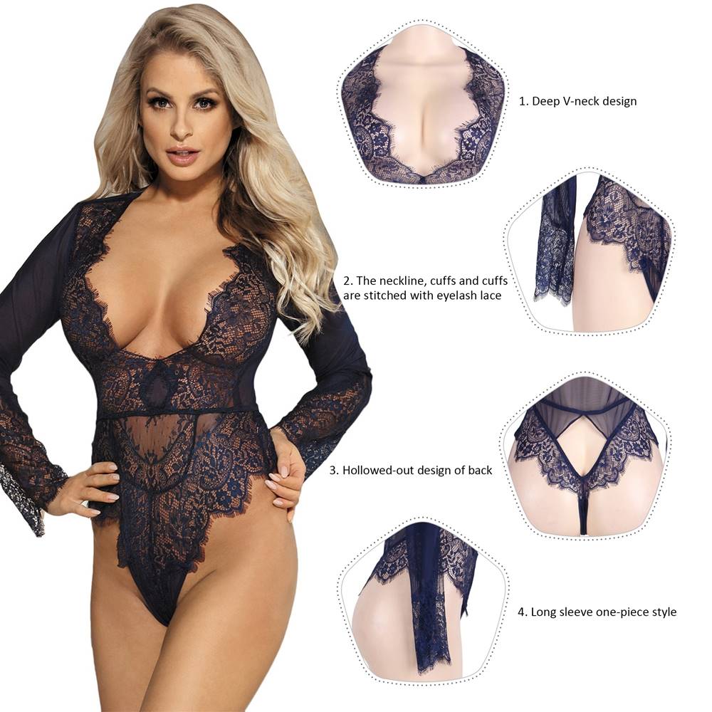 Denim Blue Long Sleeve Lace Teddy – Eyelash Trim, Deep V & Hollow Back - TeaseFashion