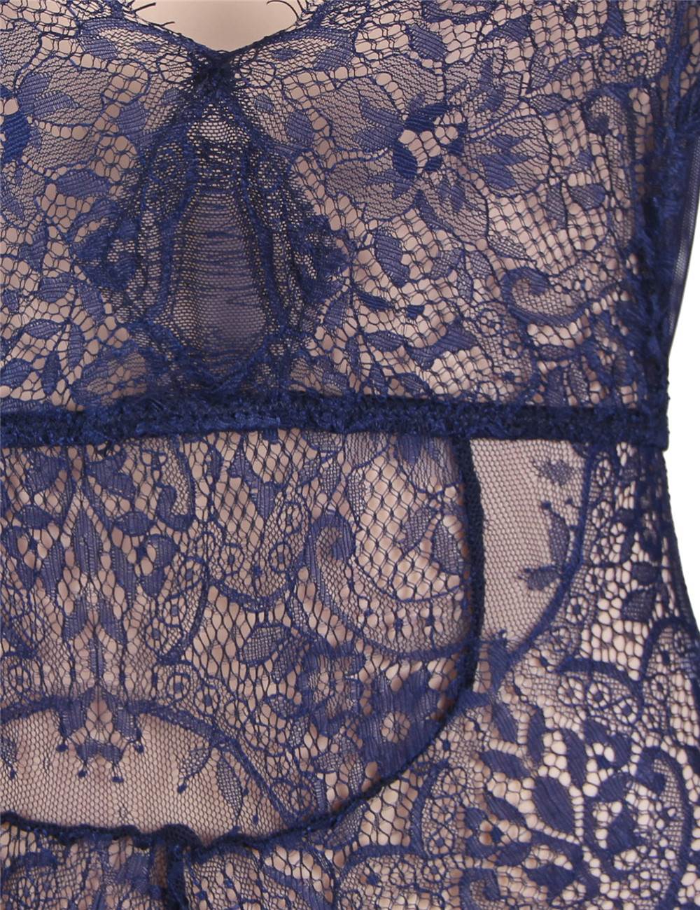 Denim Blue Long Sleeve Lace Teddy – Eyelash Trim, Deep V & Hollow Back - TeaseFashion
