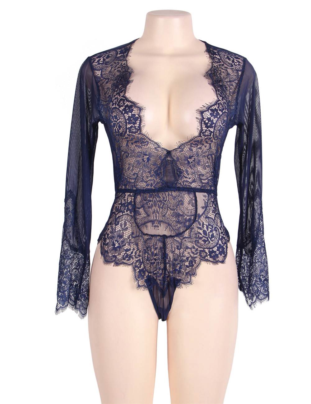 Denim Blue Long Sleeve Lace Teddy – Eyelash Trim, Deep V & Hollow Back - TeaseFashion