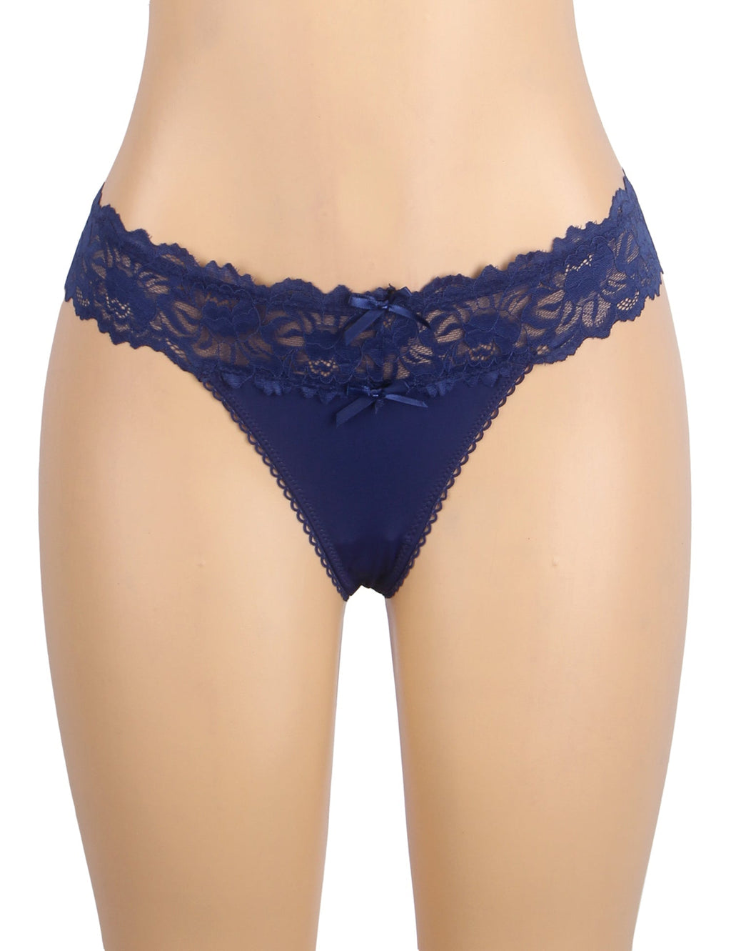 Denim Blue Mesh Panty – Crisscross Hollow Back, Bow & Lace Trim Hem - TeaseFashion