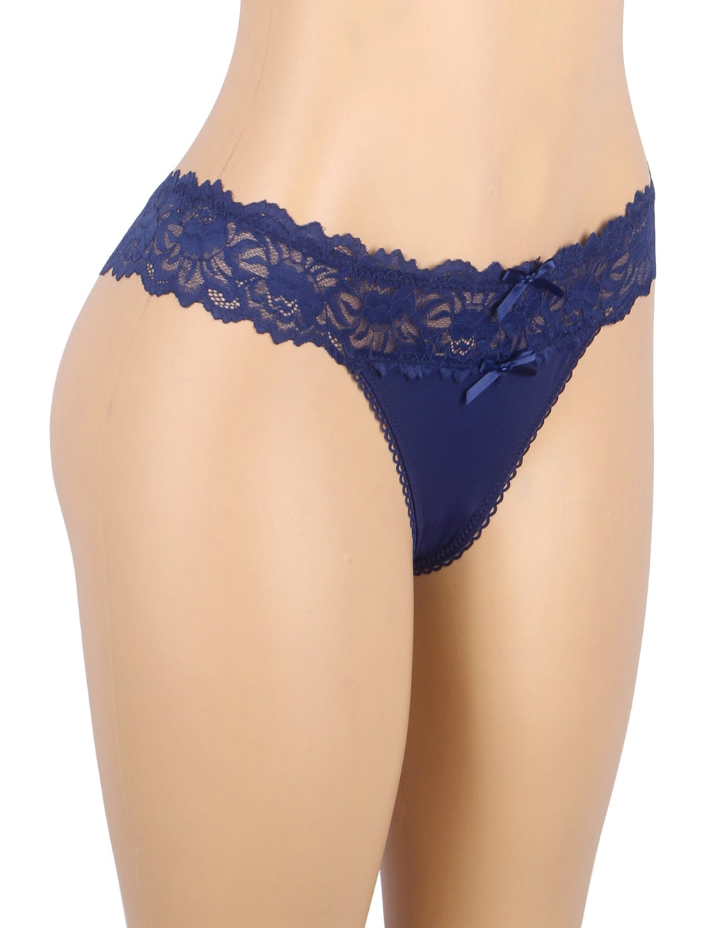 Denim Blue Mesh Panty – Crisscross Hollow Back, Bow & Lace Trim Hem - TeaseFashion