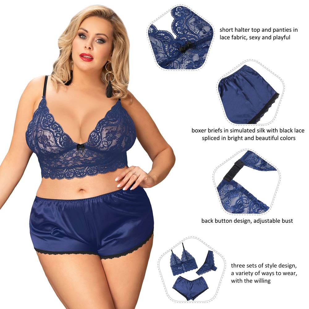 Denim Blue Satin - Finish Lace Camisole & Panties Set – Sleepwear Lingerie - TeaseFashion