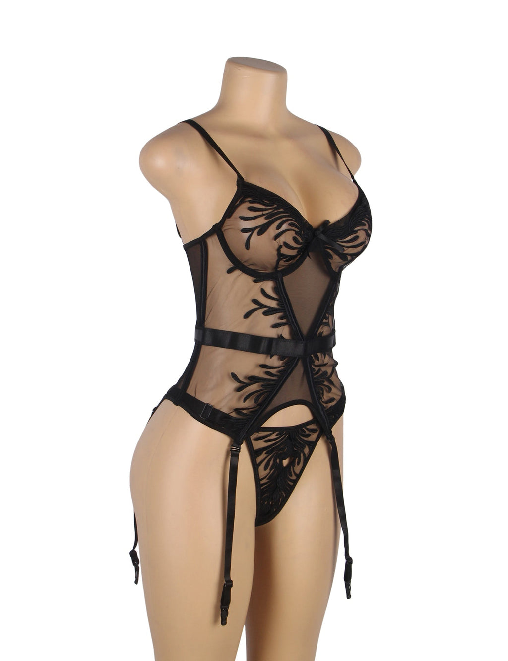 Embroidered Net Garter Lingerie Dress – Underwire Steel Ring Cups, Soft Boning, Long Back Clasp Row & Four Adjustable Garter Straps - TeaseFashion