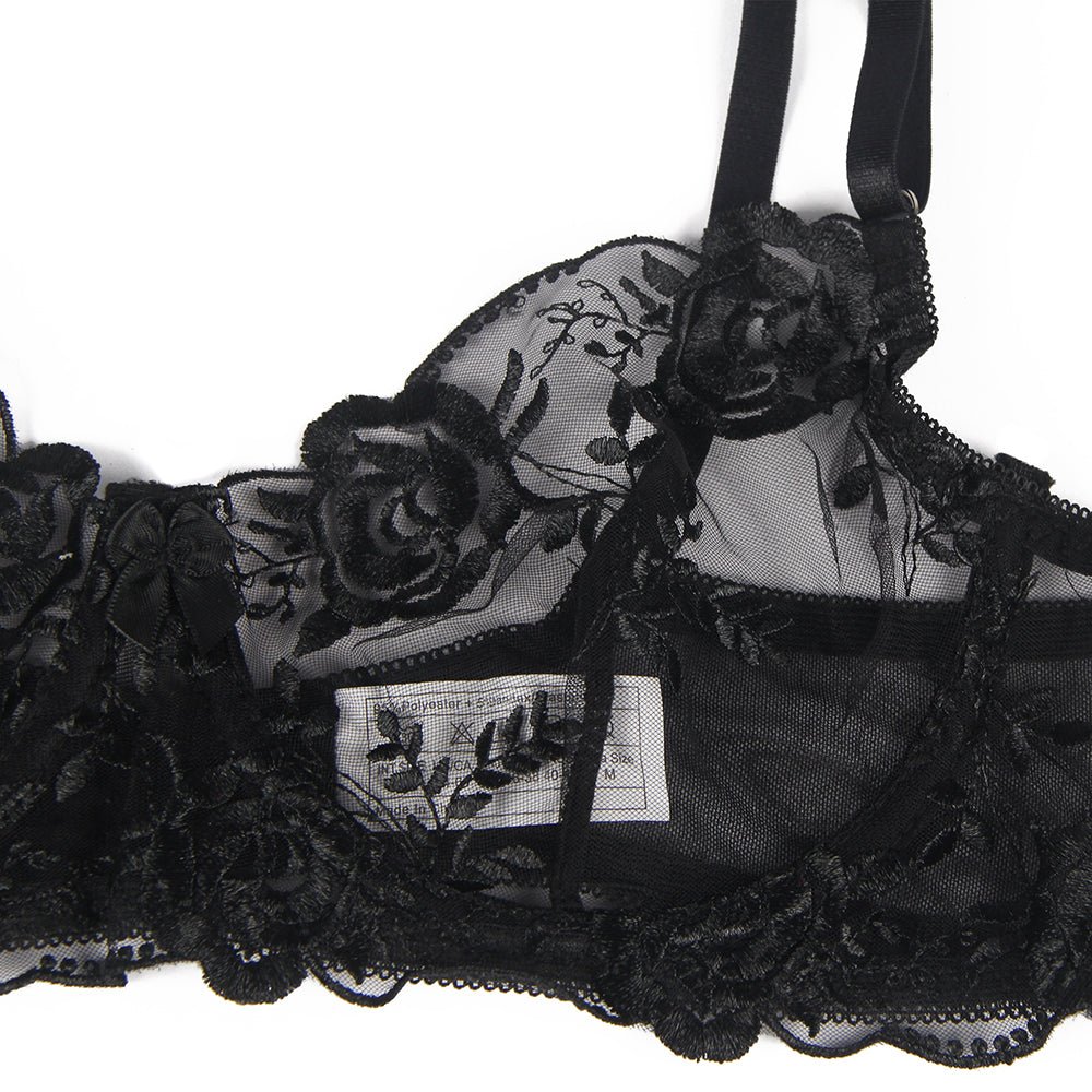 Floral Embroidery Underwire Garter Lingerie Set - TeaseFashion