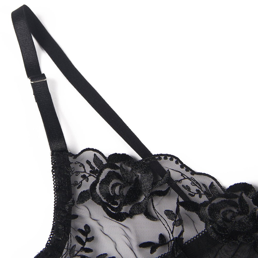 Floral Embroidery Underwire Garter Lingerie Set - TeaseFashion