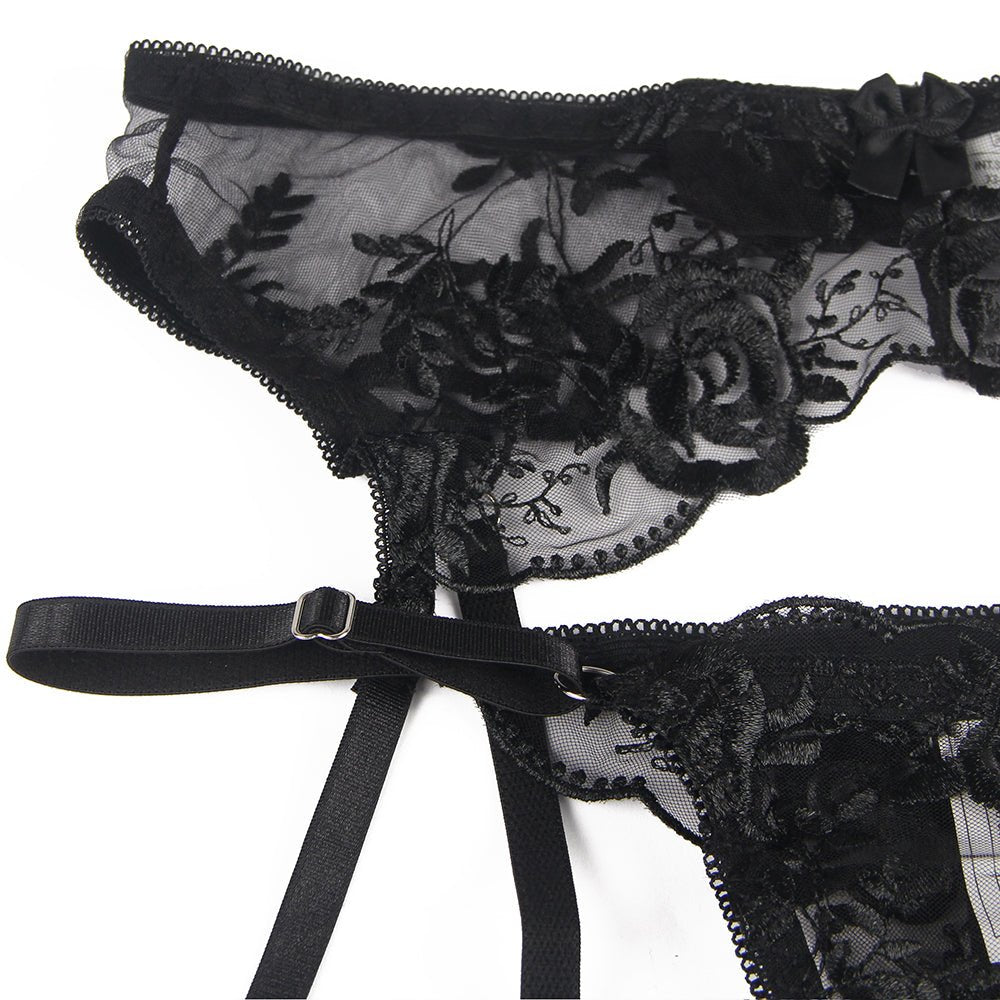 Floral Embroidery Underwire Garter Lingerie Set - TeaseFashion