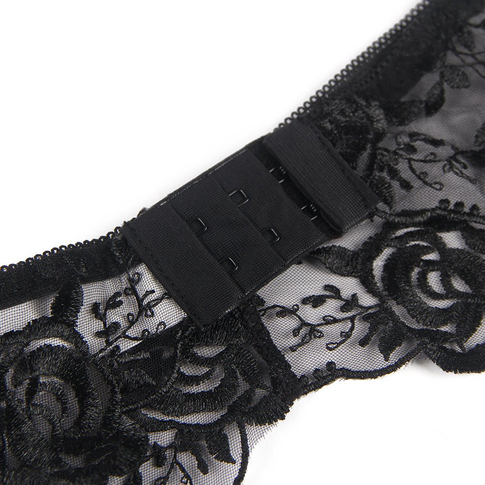 Floral Embroidery Underwire Garter Lingerie Set - TeaseFashion