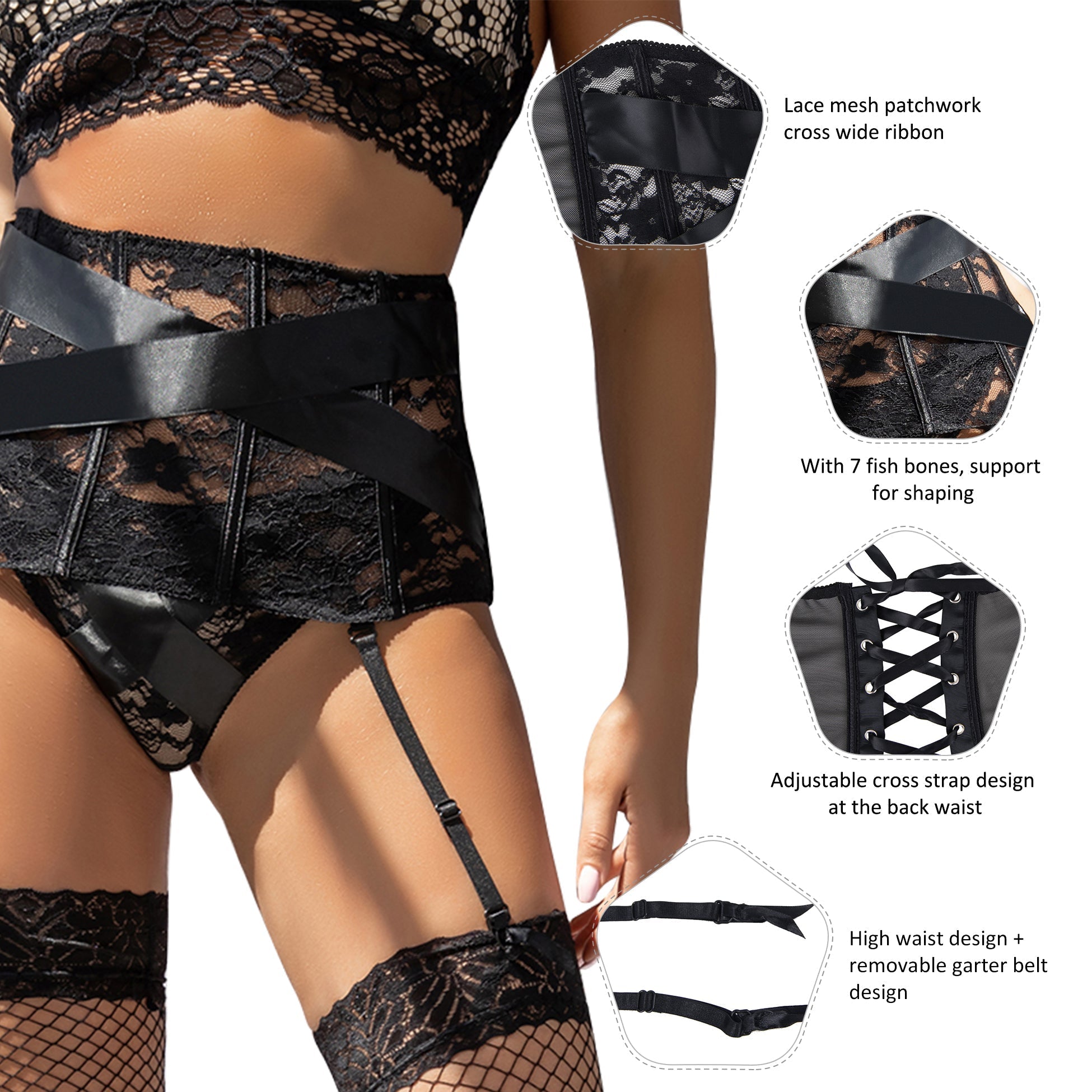 Floral Lace & Mesh High - Waist Garter Panties with Detachable Straps - TeaseFashion