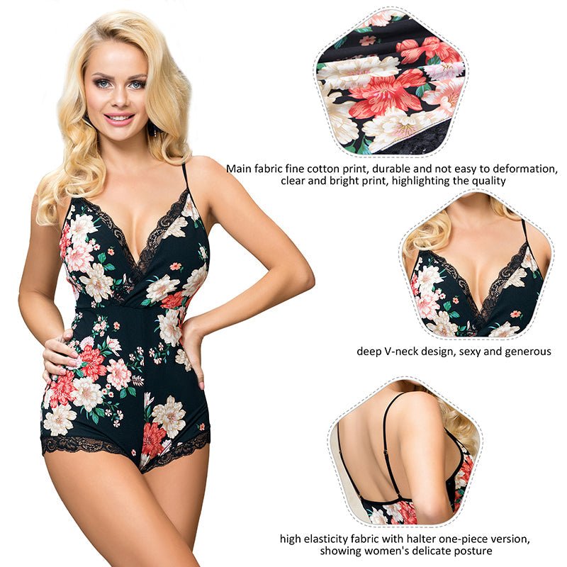 Floral Print Deep V - Neck One - Piece Sleepwear Babydoll – High - Stretch Cotton with Adjustable Straps - TeaseFashion