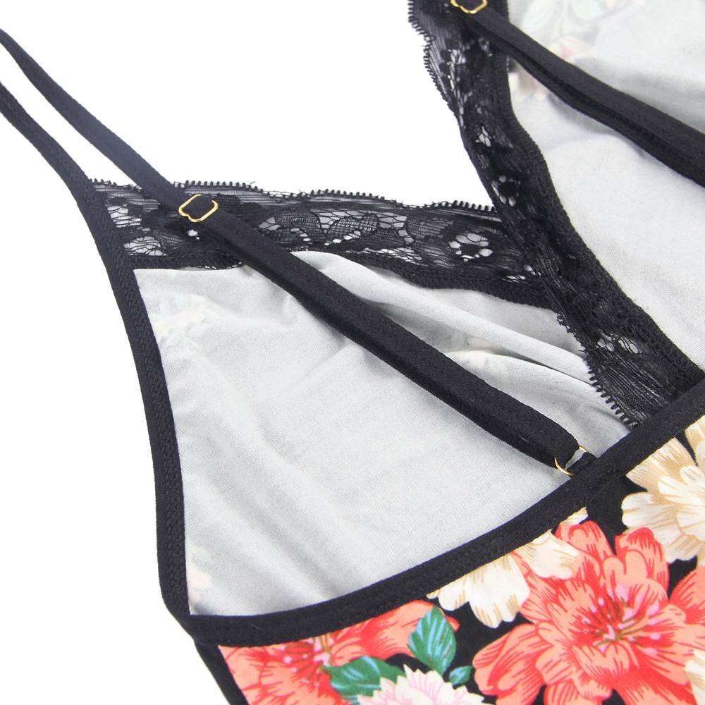 Floral Print Deep V - Neck One - Piece Sleepwear Babydoll – High - Stretch Cotton with Adjustable Straps - TeaseFashion