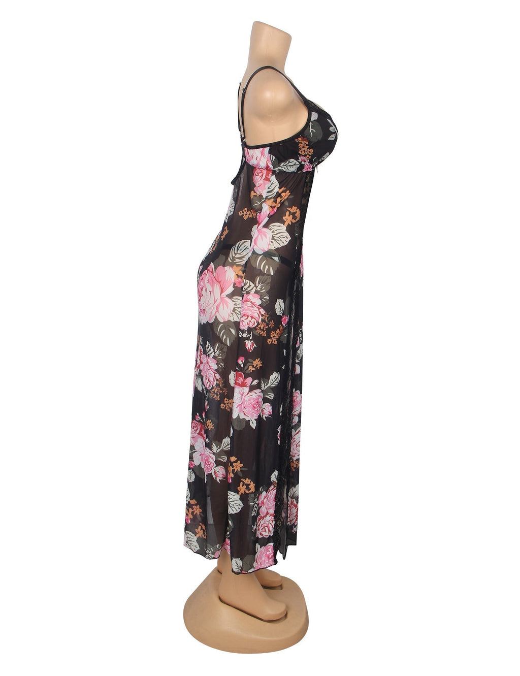 Floral Print Mesh & Lace Long Nightgown with Lined Bust, High Front Slit, Open Back & T - Back Set - TeaseFashion