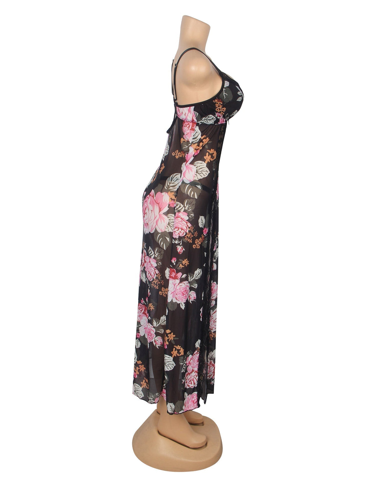 Floral Print Mesh & Lace Long Nightgown with Lined Bust, High Front Slit, Open Back & T - Back Set - TeaseFashion
