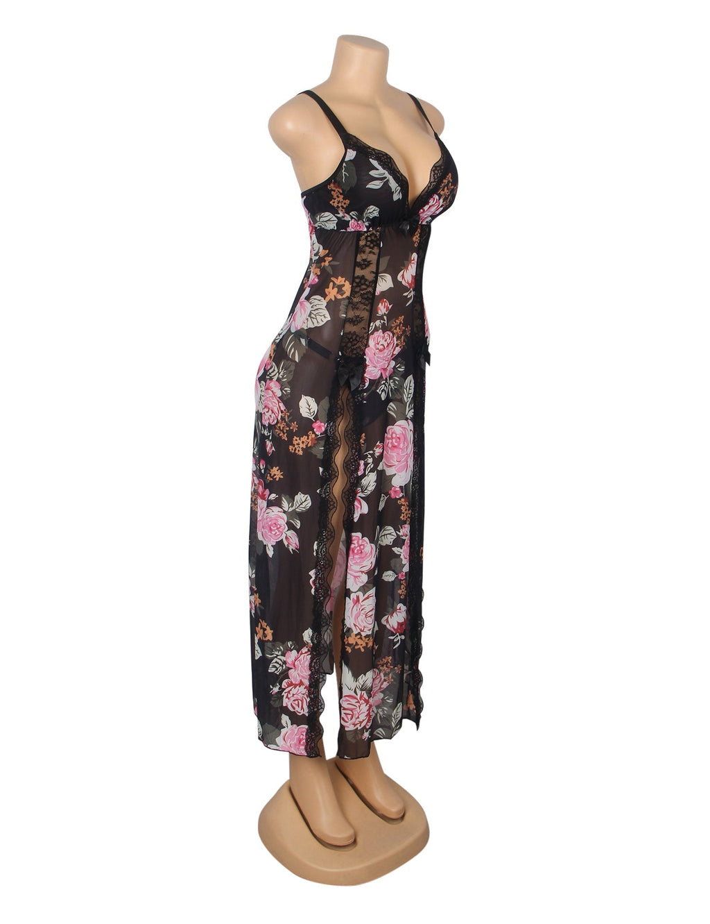 Floral Print Mesh & Lace Long Nightgown with Lined Bust, High Front Slit, Open Back & T - Back Set - TeaseFashion