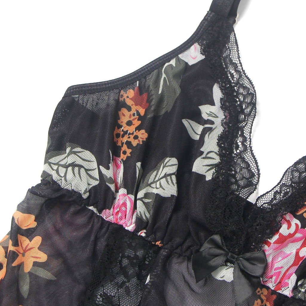 Floral Print Mesh & Lace Long Nightgown with Lined Bust, High Front Slit, Open Back & T - Back Set - TeaseFashion
