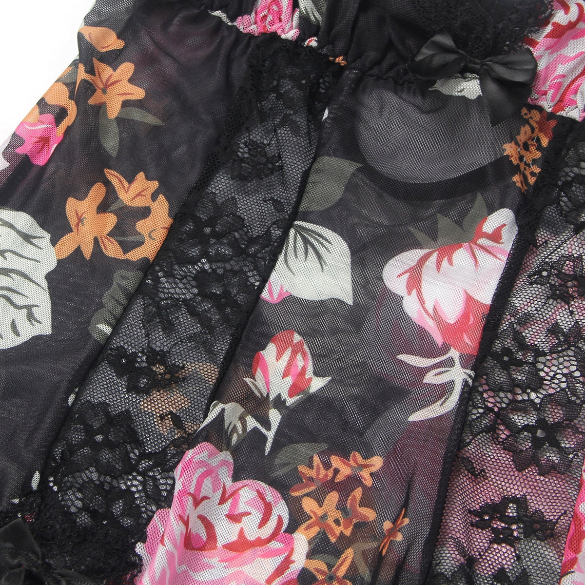 Floral Print Mesh & Lace Long Nightgown with Lined Bust, High Front Slit, Open Back & T - Back Set - TeaseFashion