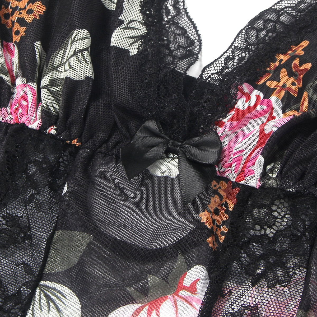 Floral Print Mesh & Lace Long Nightgown with Lined Bust, High Front Slit, Open Back & T - Back Set - TeaseFashion