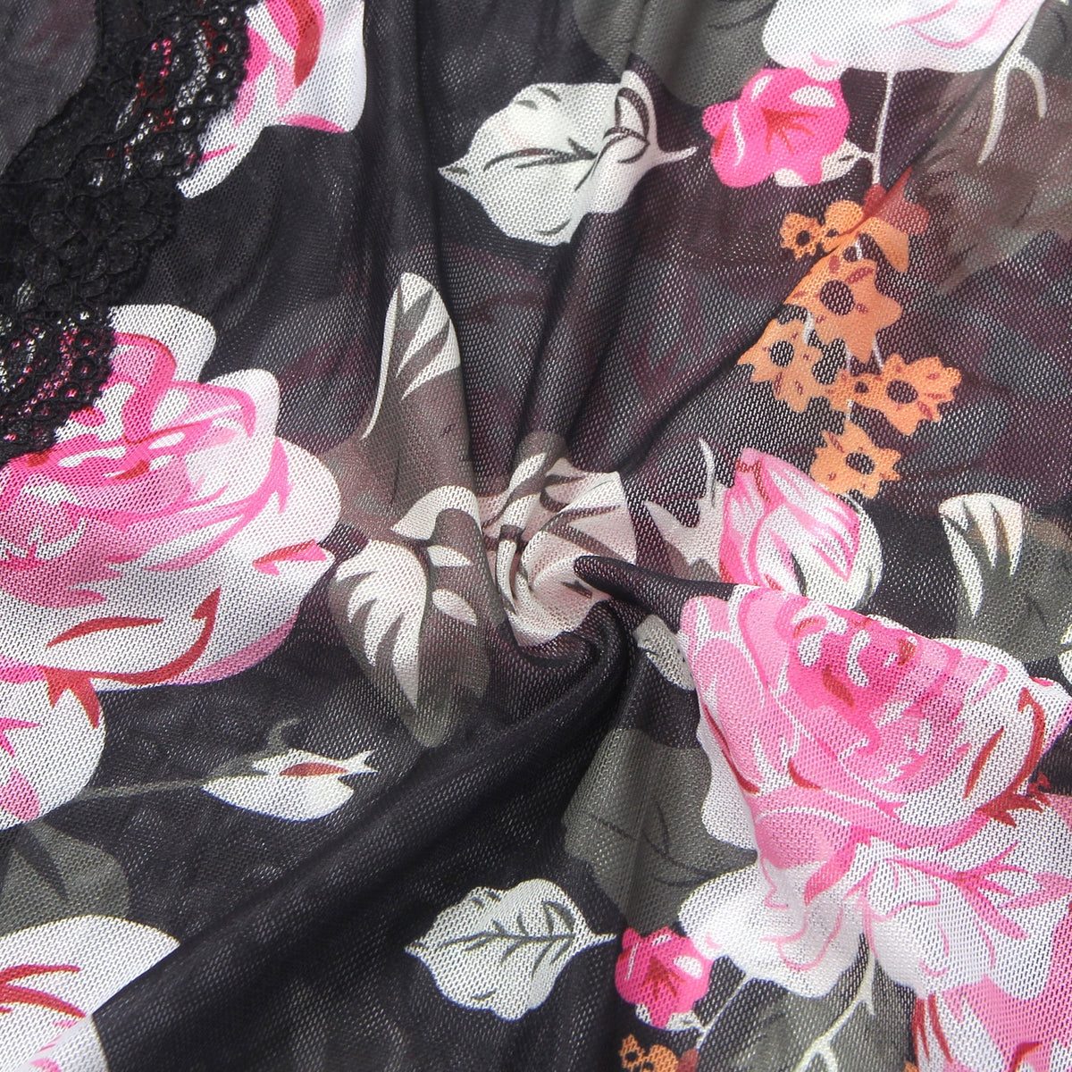 Floral Print Mesh & Lace Long Nightgown with Lined Bust, High Front Slit, Open Back & T - Back Set - TeaseFashion