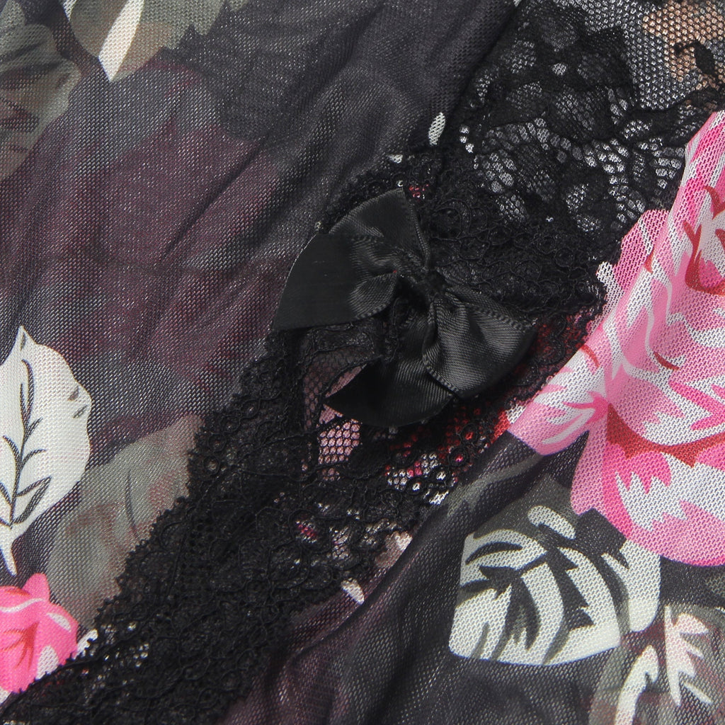Floral Print Mesh & Lace Long Nightgown with Lined Bust, High Front Slit, Open Back & T - Back Set - TeaseFashion