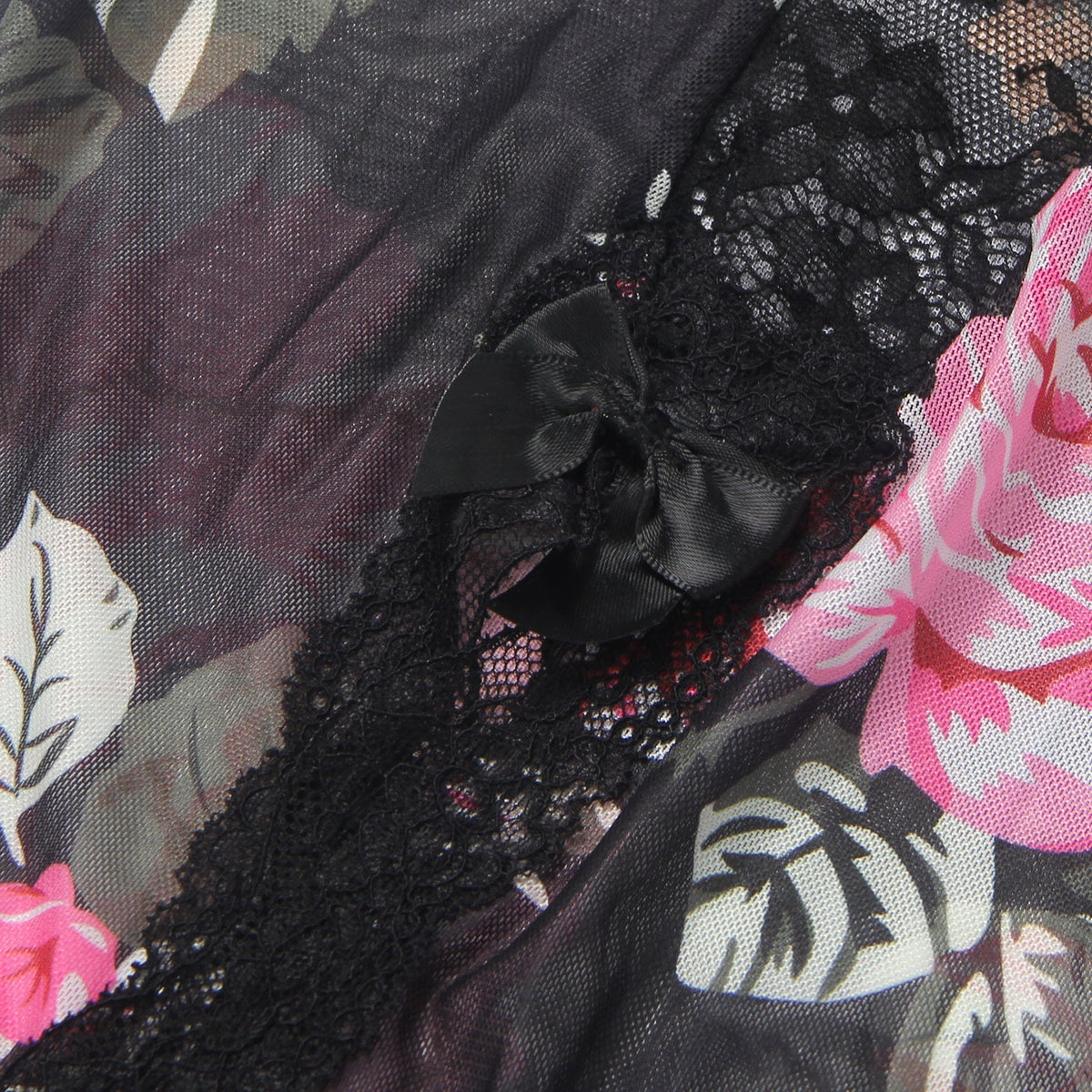 Floral Print Mesh & Lace Long Nightgown with Lined Bust, High Front Slit, Open Back & T - Back Set - TeaseFashion