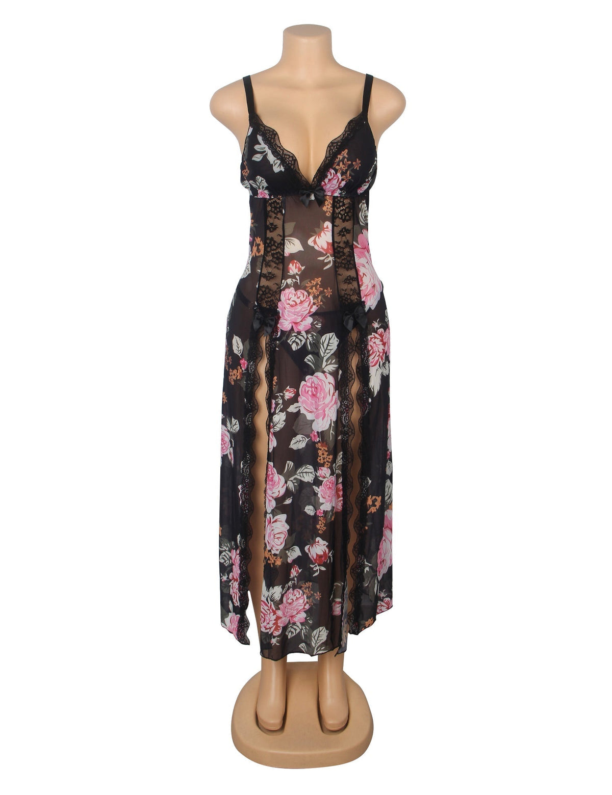 Floral Print Mesh & Lace Long Nightgown with Lined Bust, High Front Slit, Open Back & T - Back Set - TeaseFashion