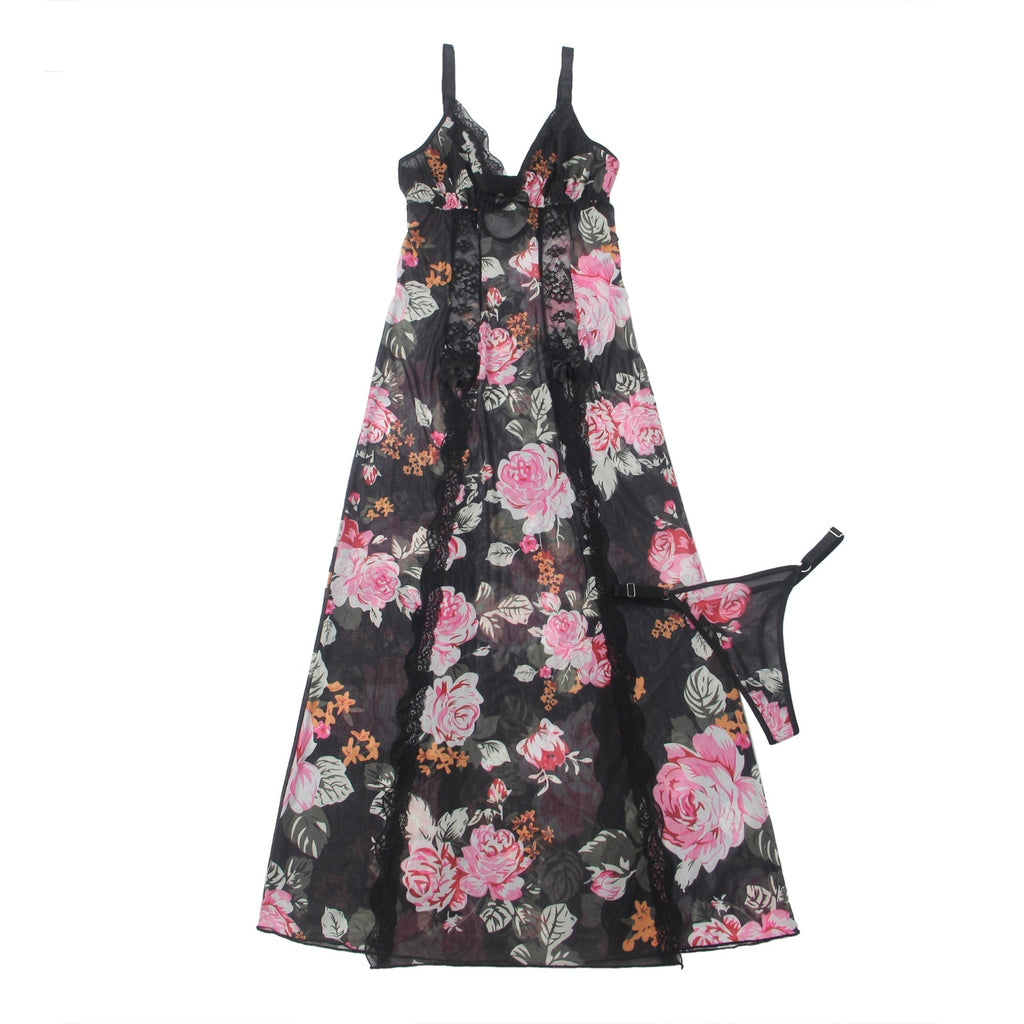 Floral Print Mesh & Lace Long Nightgown with Lined Bust, High Front Slit, Open Back & T - Back Set - TeaseFashion