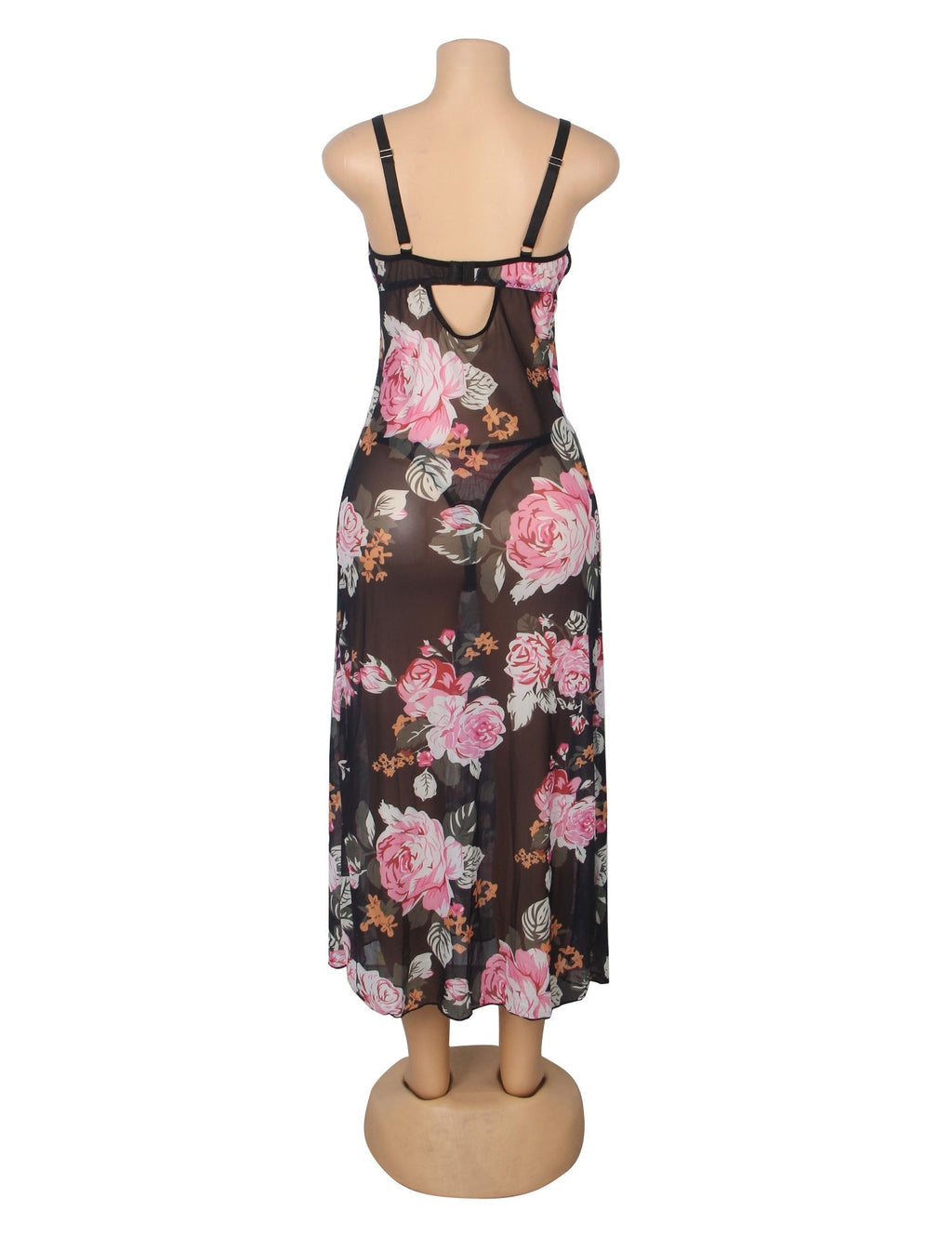 Floral Print Mesh & Lace Long Nightgown with Lined Bust, High Front Slit, Open Back & T - Back Set - TeaseFashion