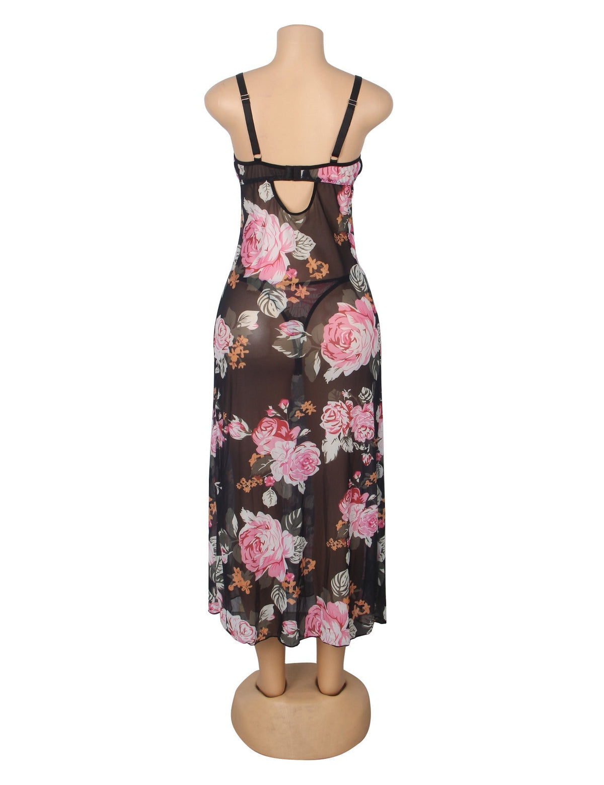 Floral Print Mesh & Lace Long Nightgown with Lined Bust, High Front Slit, Open Back & T - Back Set - TeaseFashion