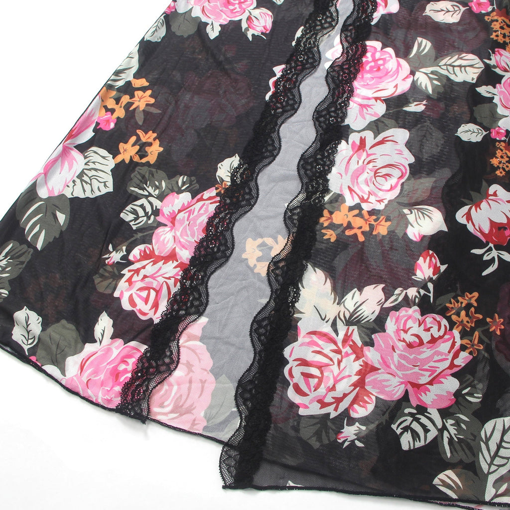 Floral Print Mesh & Lace Long Nightgown with Lined Bust, High Front Slit, Open Back & T - Back Set - TeaseFashion