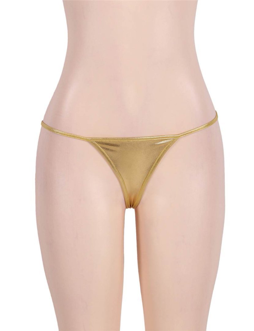 Gold Faux Leather G - String Thong with Glossy Finish - TeaseFashion