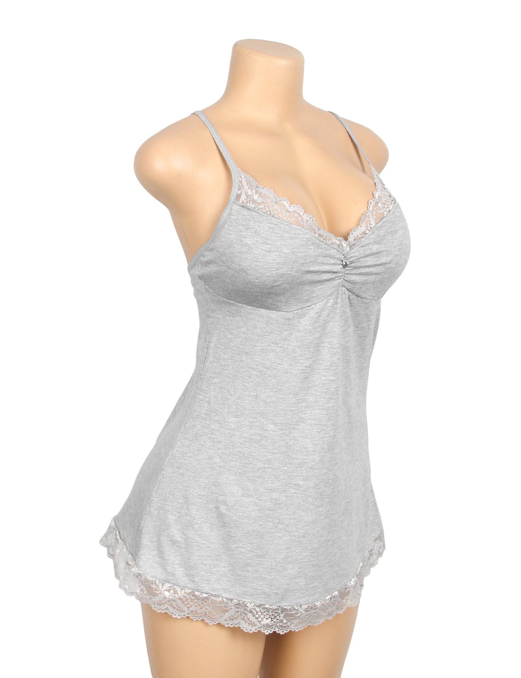 Gray Modal Lace A - Line Nightgown – Rhinestone Ruffle, Crossover Back & Removable Pads - TeaseFashion