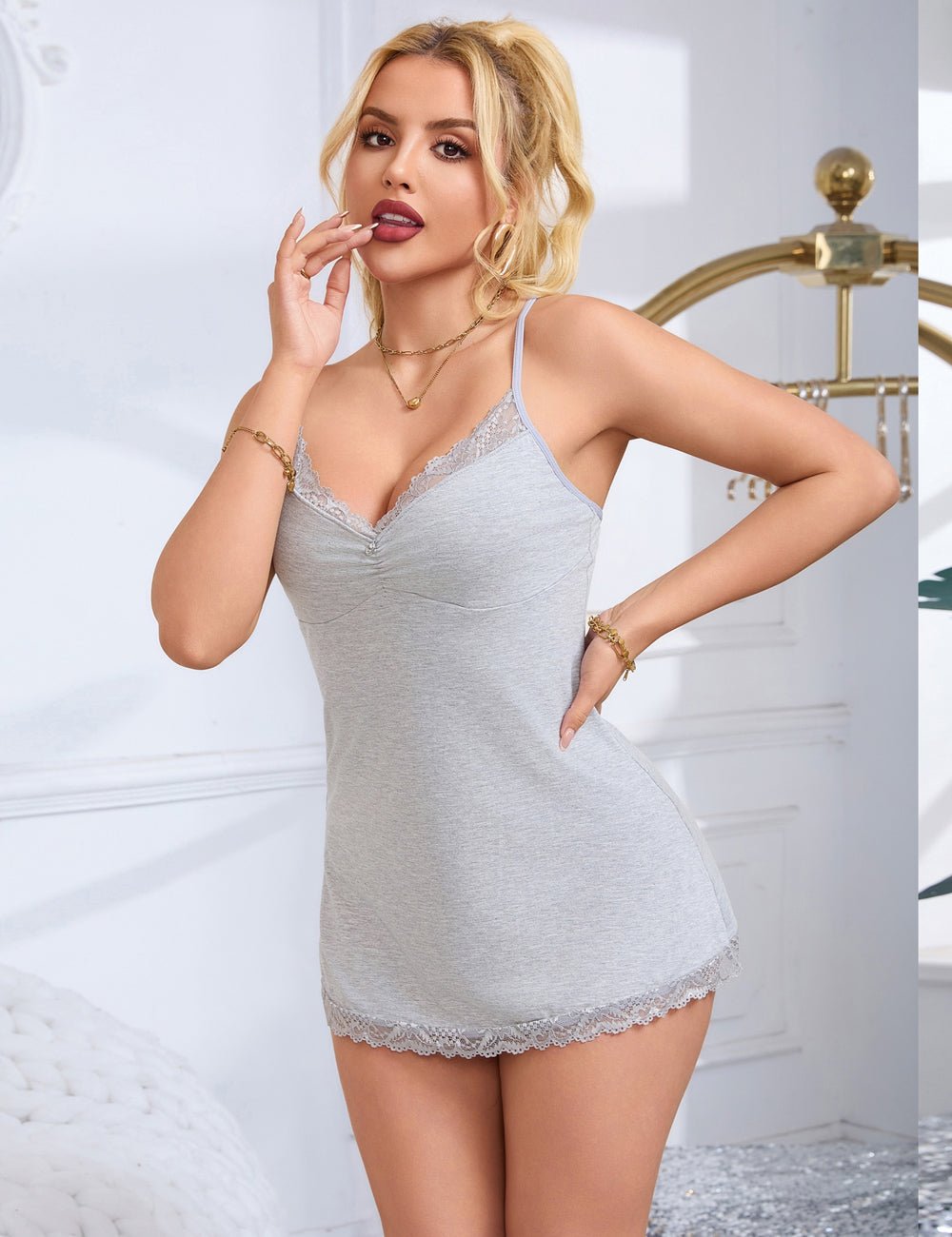 Gray Modal Lace A - Line Nightgown – Rhinestone Ruffle, Crossover Back & Removable Pads - TeaseFashion