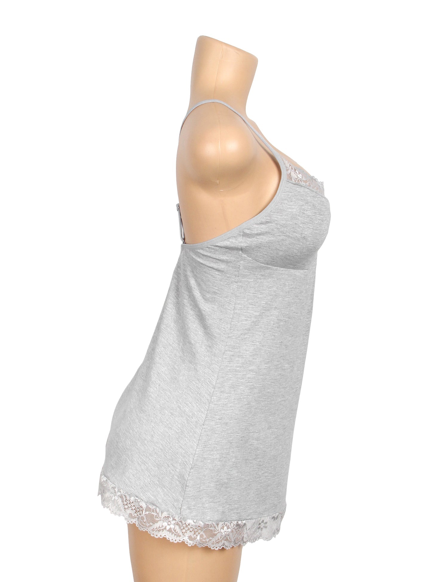 Gray Modal Lace A - Line Nightgown – Rhinestone Ruffle, Crossover Back & Removable Pads - TeaseFashion