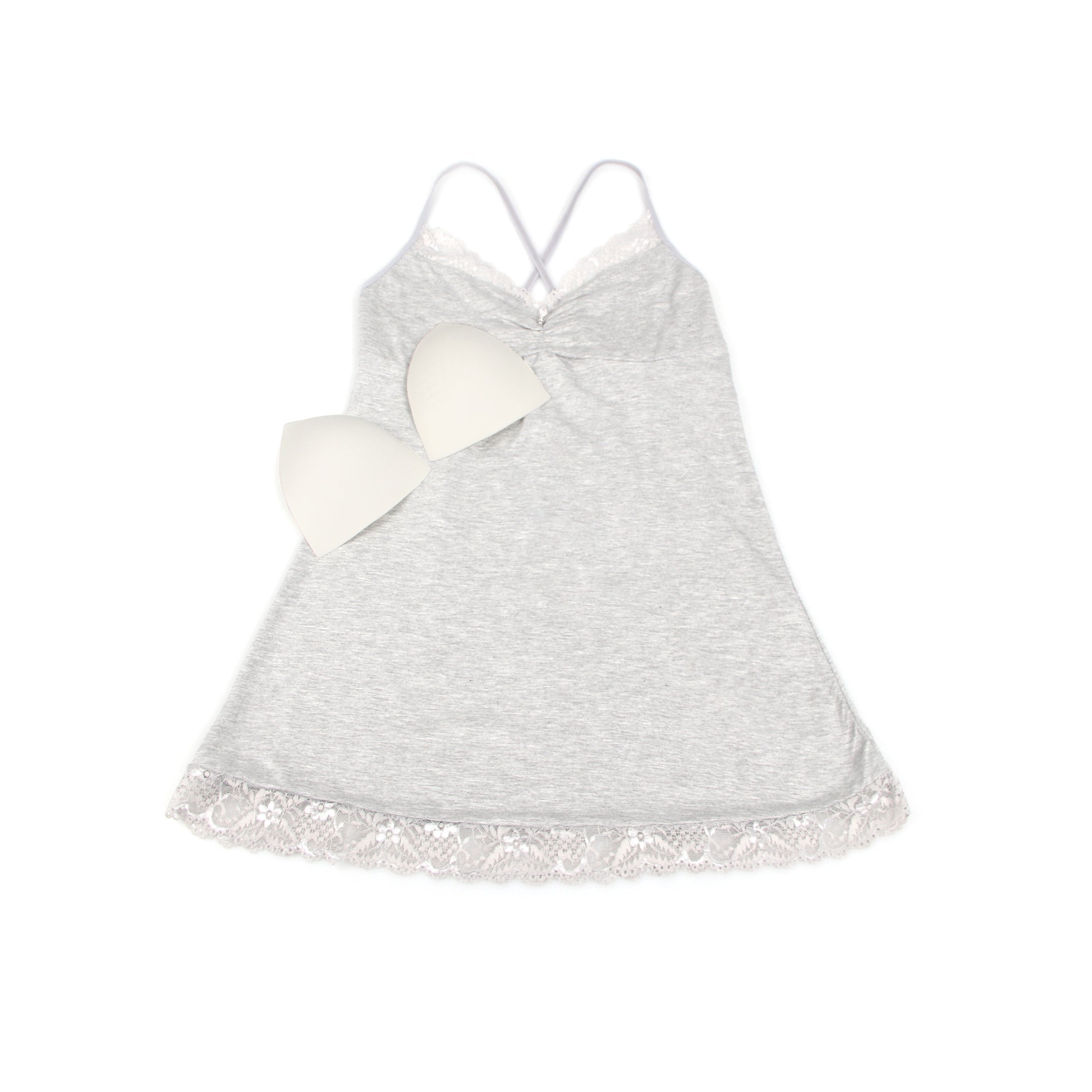 Gray Modal Lace A - Line Nightgown – Rhinestone Ruffle, Crossover Back & Removable Pads - TeaseFashion