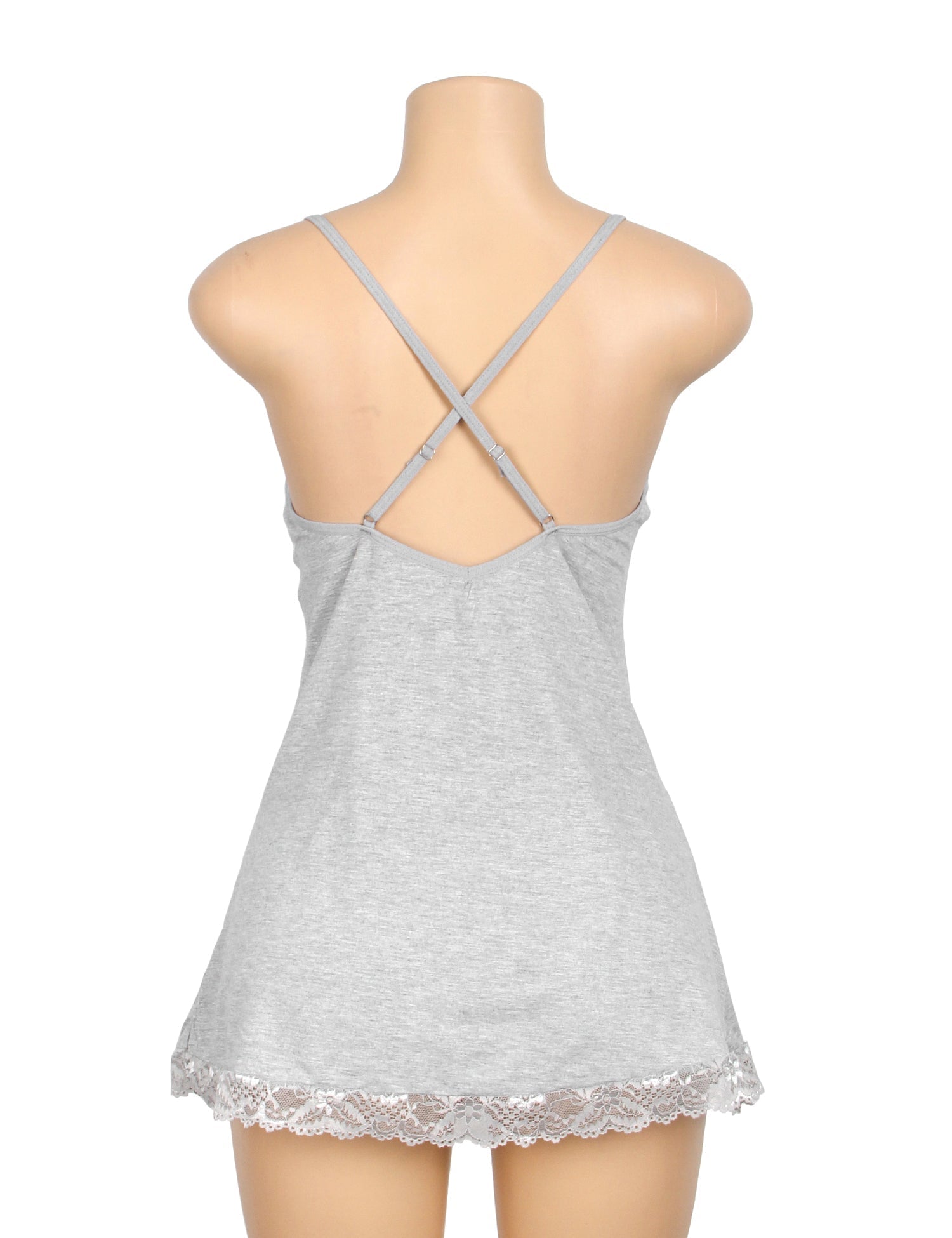 Gray Modal Lace A - Line Nightgown – Rhinestone Ruffle, Crossover Back & Removable Pads - TeaseFashion