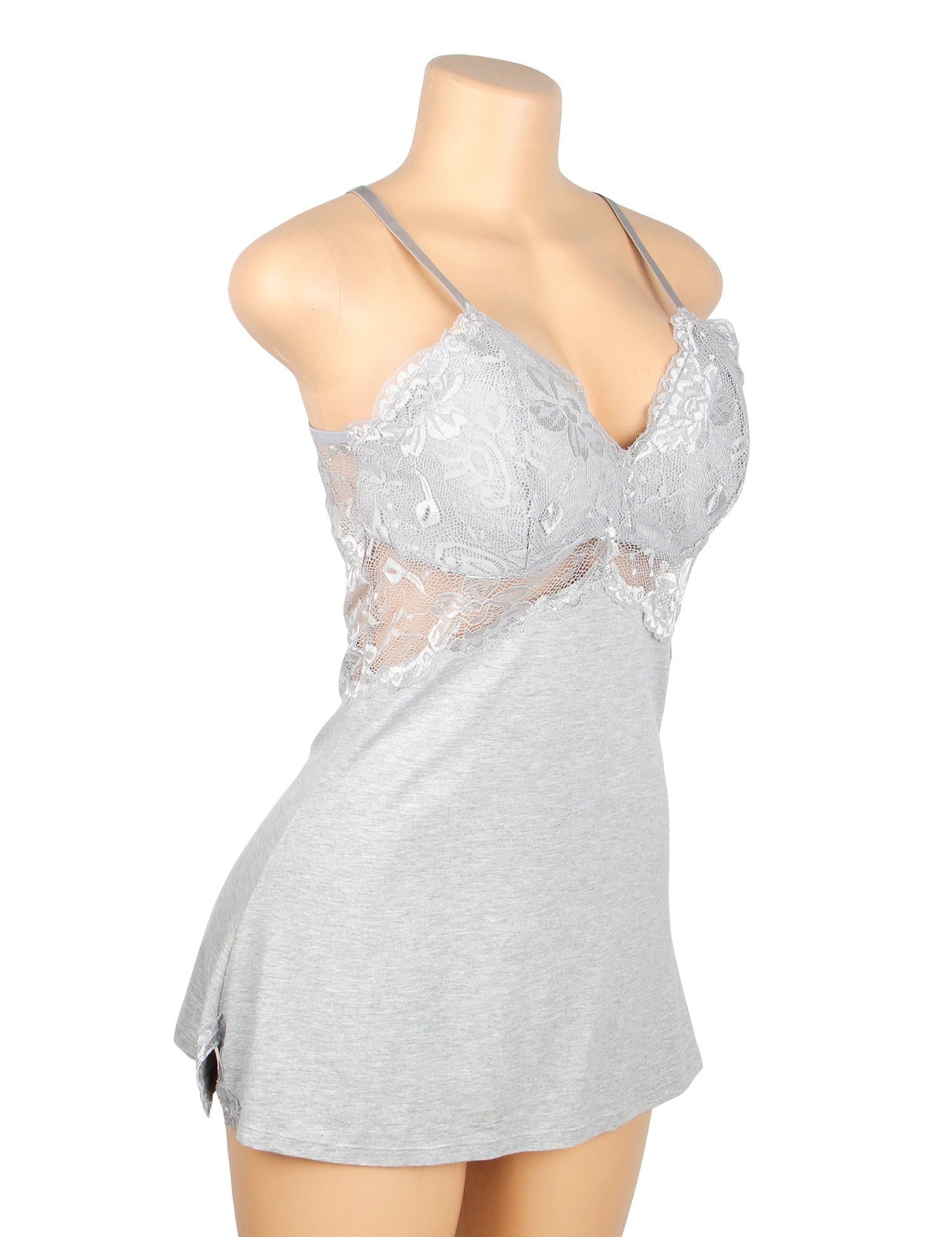 Gray Modal Lace Backless Nightdress – Hollow Lace Panels, A - Line Hem & Removable Pads - TeaseFashion
