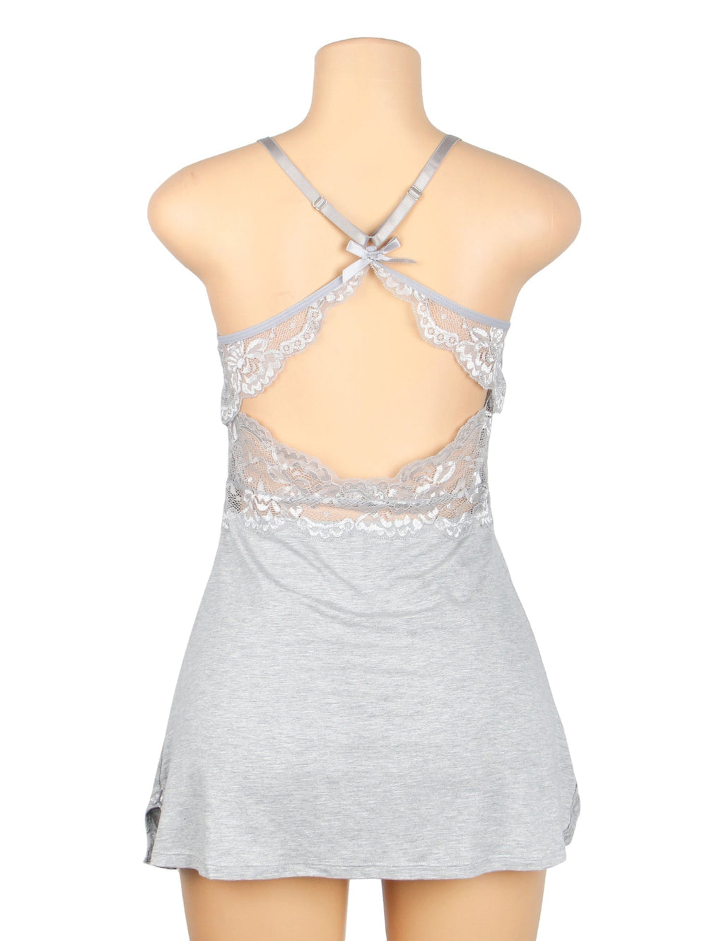 Gray Modal Lace Backless Nightdress – Hollow Lace Panels, A - Line Hem & Removable Pads - TeaseFashion