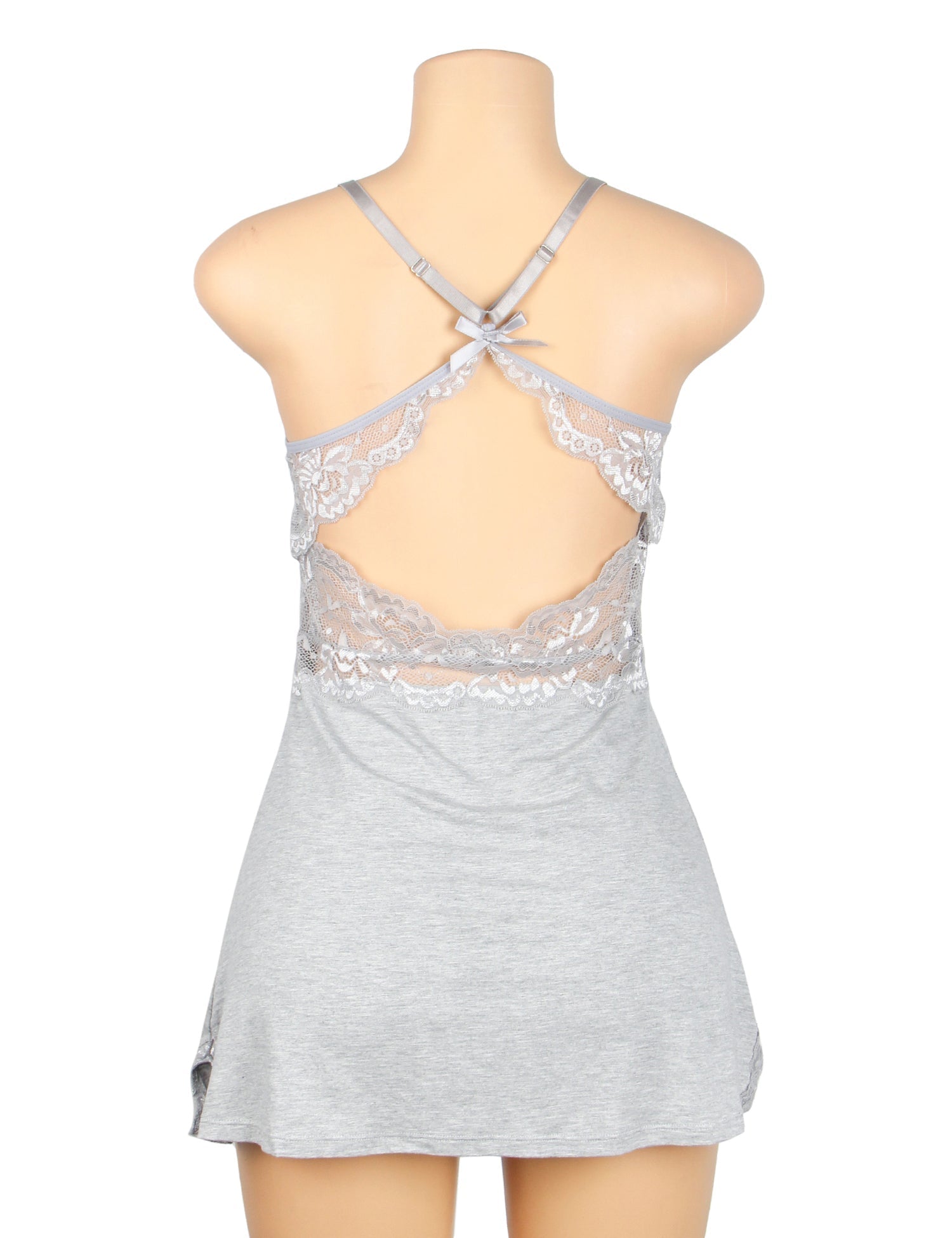 Gray Modal Lace Backless Nightdress – Hollow Lace Panels, A - Line Hem & Removable Pads - TeaseFashion