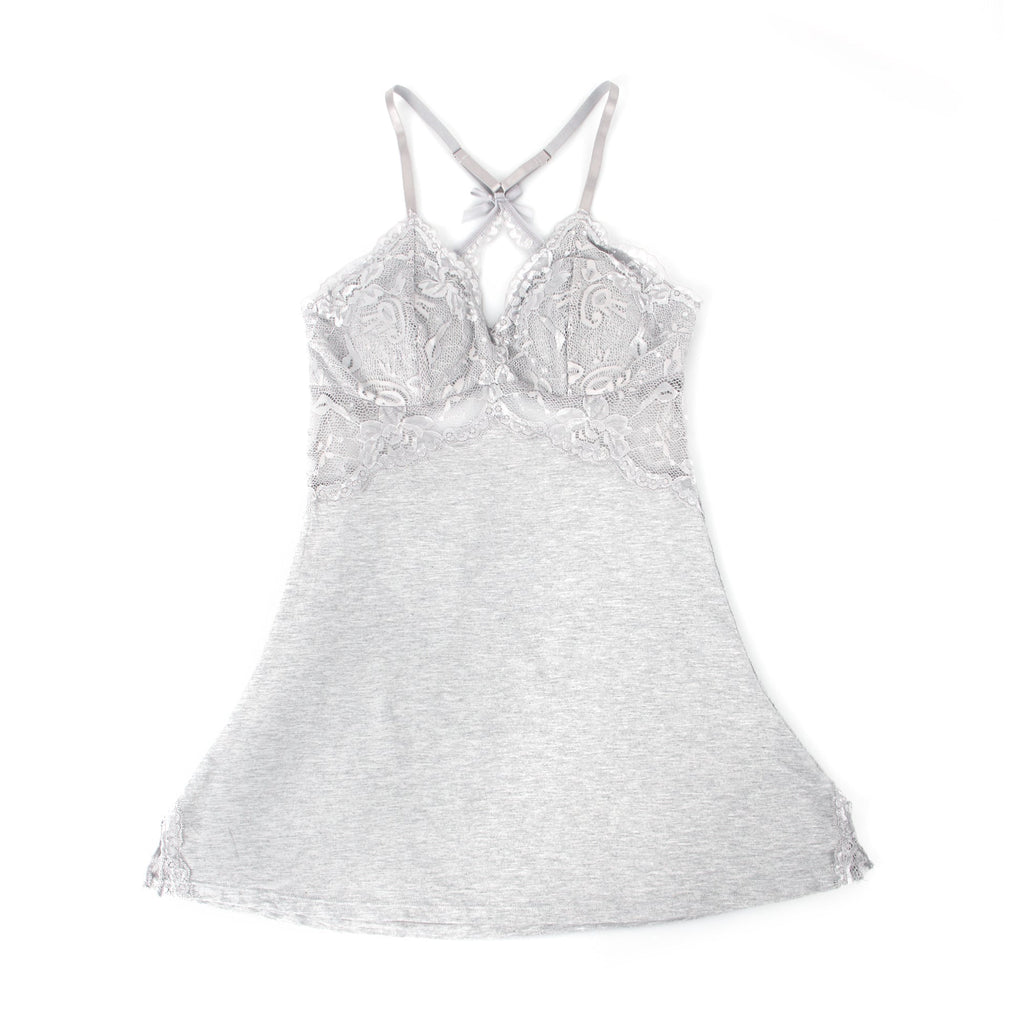 Gray Modal Lace Backless Nightdress – Hollow Lace Panels, A - Line Hem & Removable Pads - TeaseFashion
