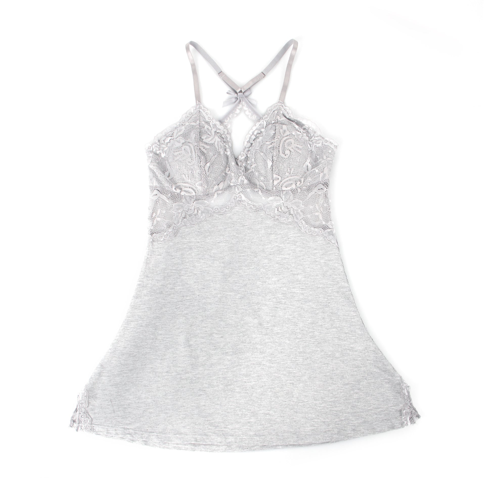Gray Modal Lace Backless Nightdress – Hollow Lace Panels, A - Line Hem & Removable Pads - TeaseFashion
