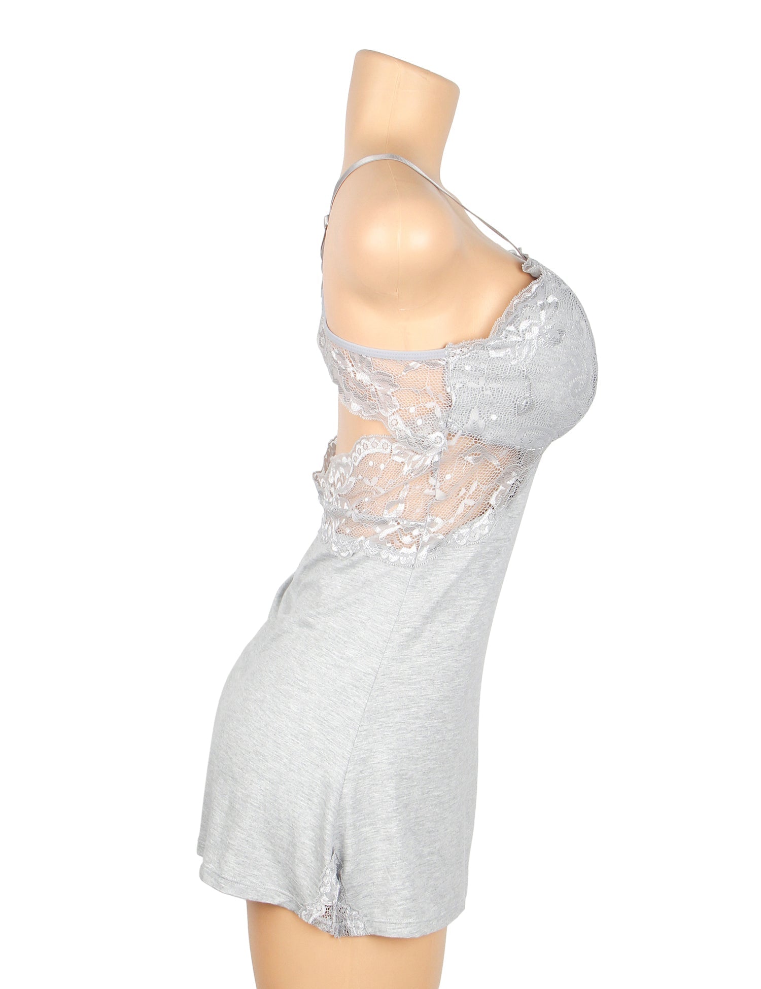 Gray Modal Lace Backless Nightdress – Hollow Lace Panels, A - Line Hem & Removable Pads - TeaseFashion