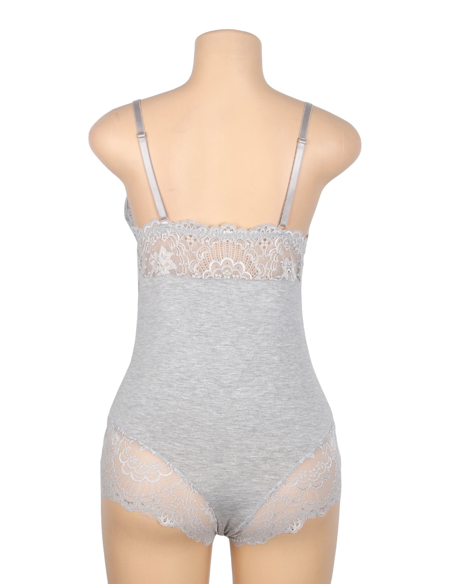Gray Modal Lace Bodysuit – Open - Buckle Crotch, Hip & Chest Lace Splicing & Removable Pads - TeaseFashion