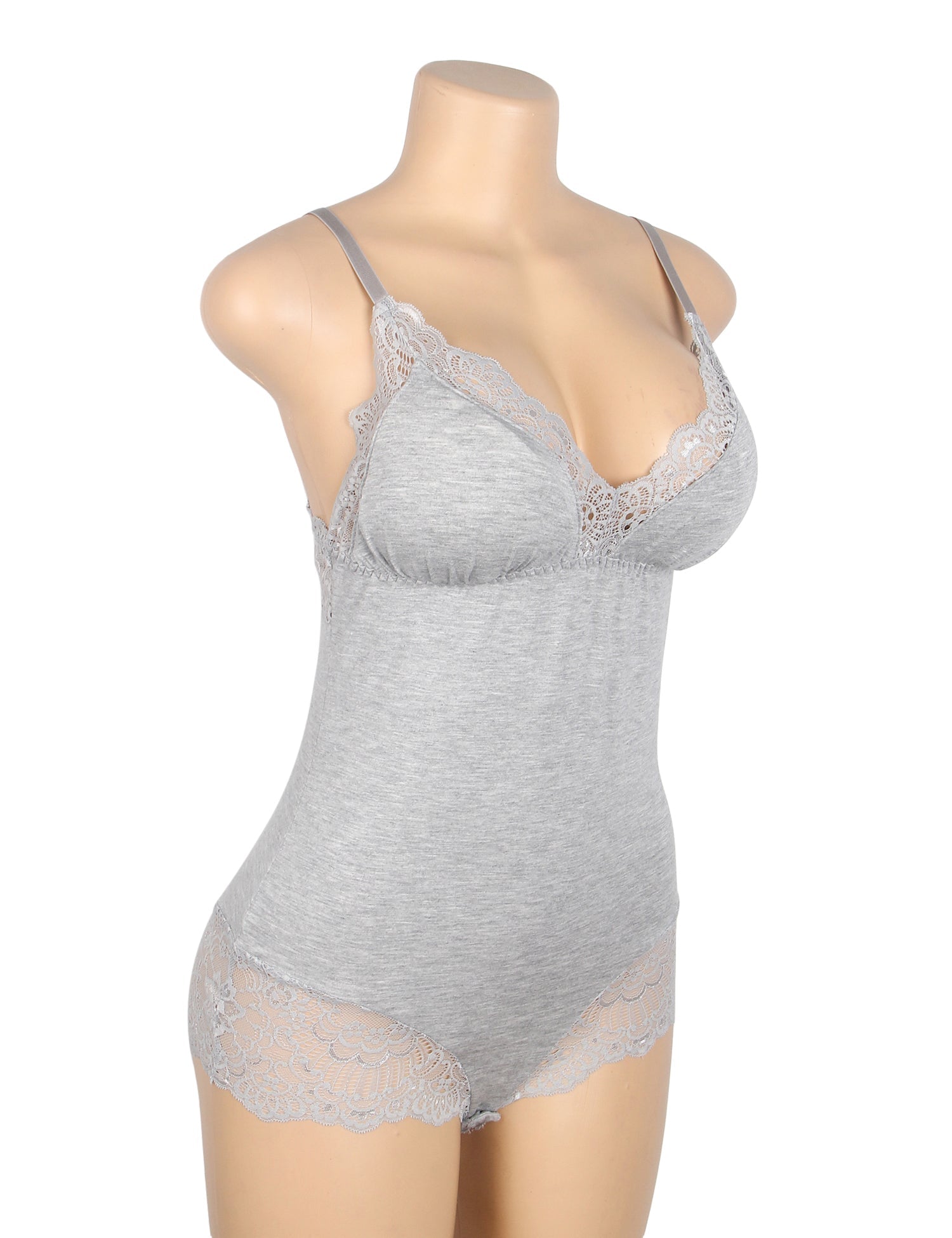 Gray Modal Lace Bodysuit – Open - Buckle Crotch, Hip & Chest Lace Splicing & Removable Pads - TeaseFashion