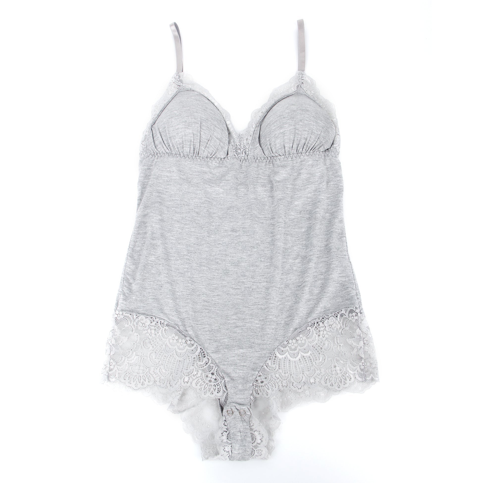 Gray Modal Lace Bodysuit – Open - Buckle Crotch, Hip & Chest Lace Splicing & Removable Pads - TeaseFashion
