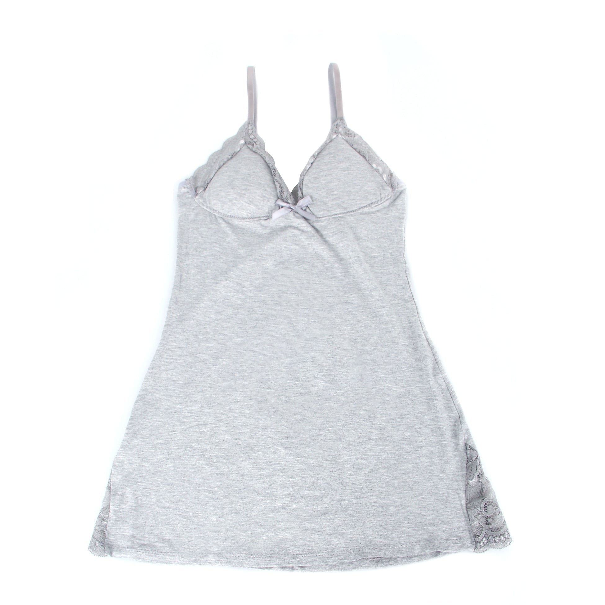Gray Modal Lace Bow - Detail Nightdress – Hip Lace Splicing & Removable Pads - TeaseFashion