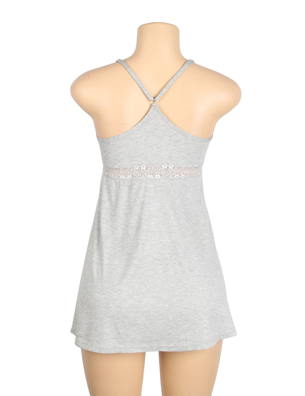 Gray Modal Lace Deep V - Neck Nightdress – Spliced Lace Waistband & Flared Skirt - TeaseFashion