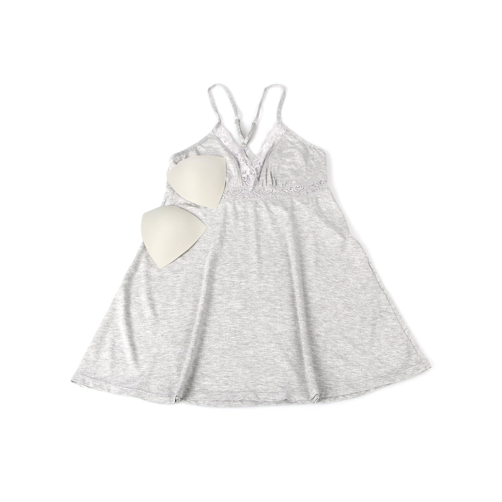 Gray Modal Lace Deep V - Neck Nightdress – Spliced Lace Waistband & Flared Skirt - TeaseFashion