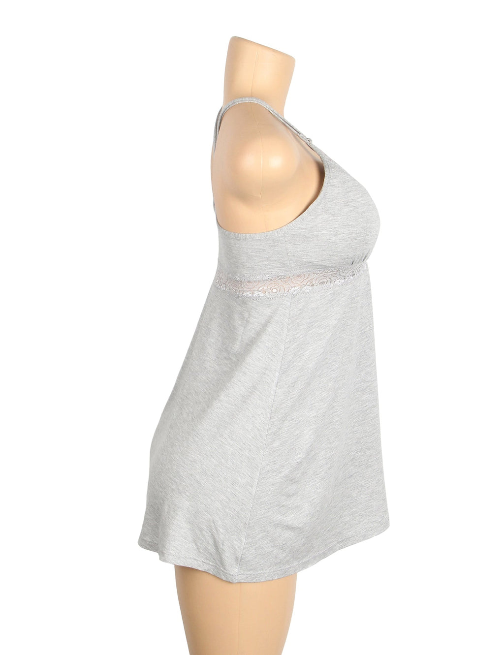 Gray Modal Lace Deep V - Neck Nightdress – Spliced Lace Waistband & Flared Skirt - TeaseFashion