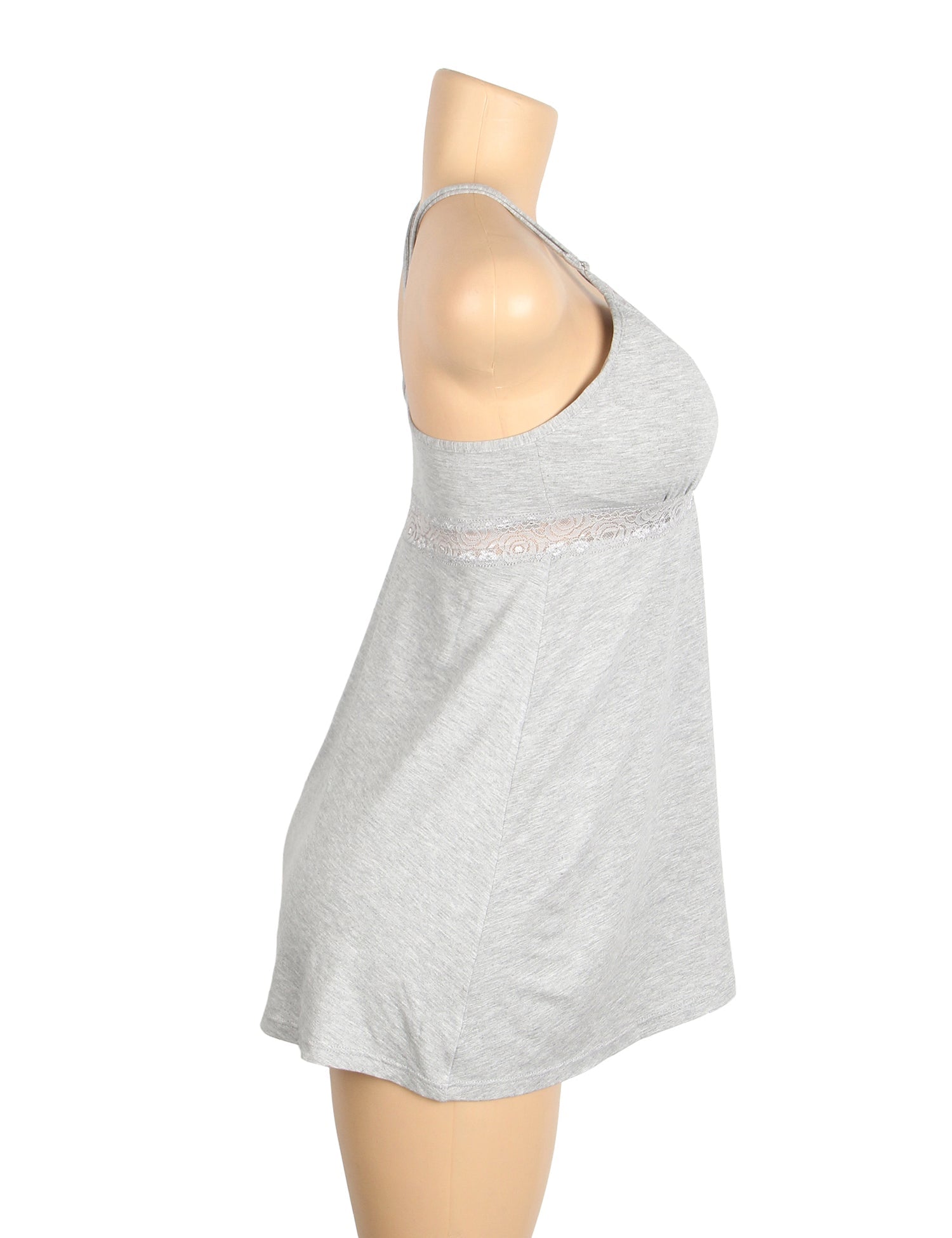 Gray Modal Lace Deep V - Neck Nightdress – Spliced Lace Waistband & Flared Skirt - TeaseFashion