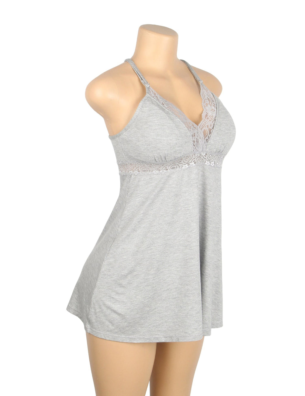 Gray Modal Lace Deep V - Neck Nightdress – Spliced Lace Waistband & Flared Skirt - TeaseFashion