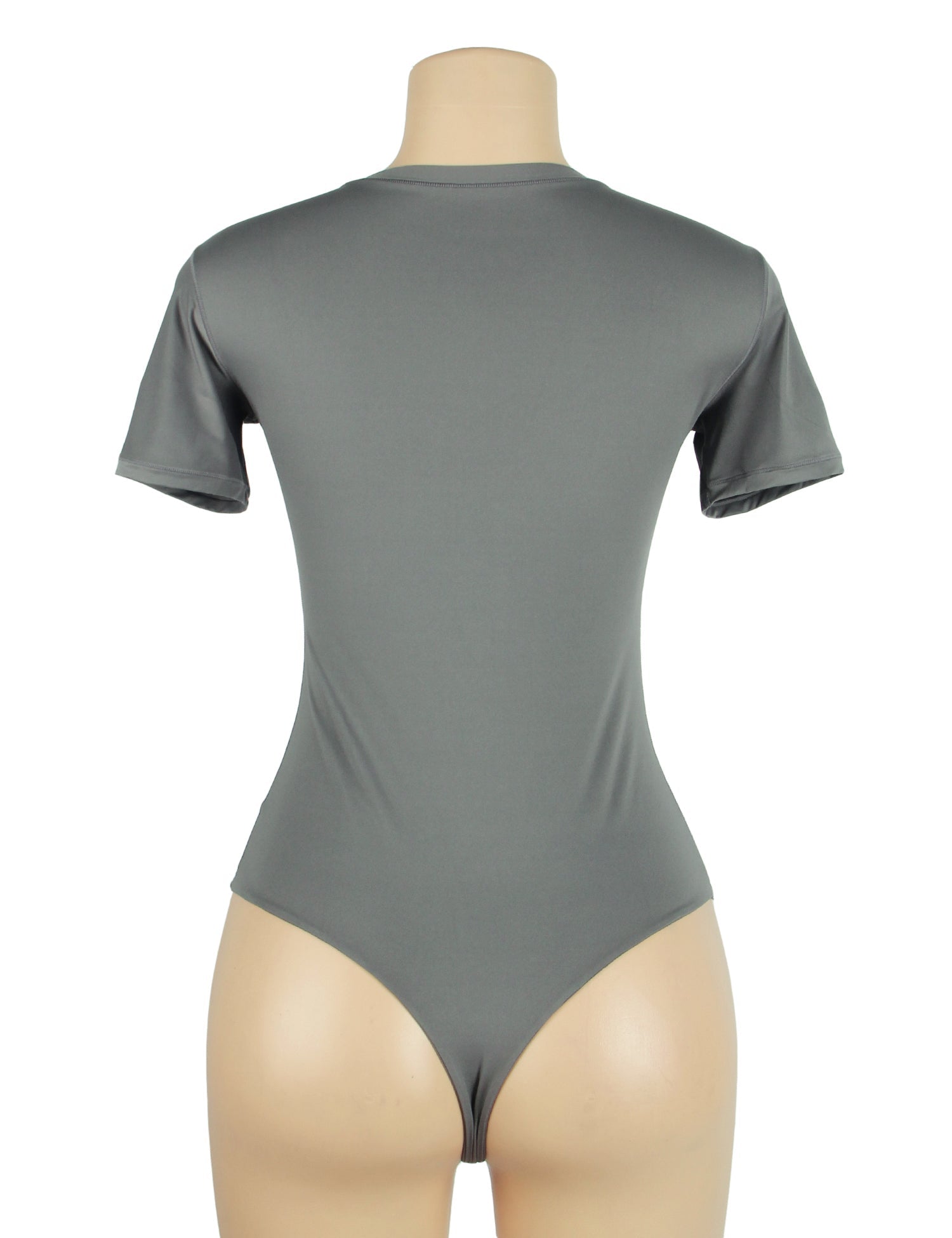 Gray Short Sleeve Bodysuit – Brushed Nylon, Round Neck & Adjustable Crotch - TeaseFashion